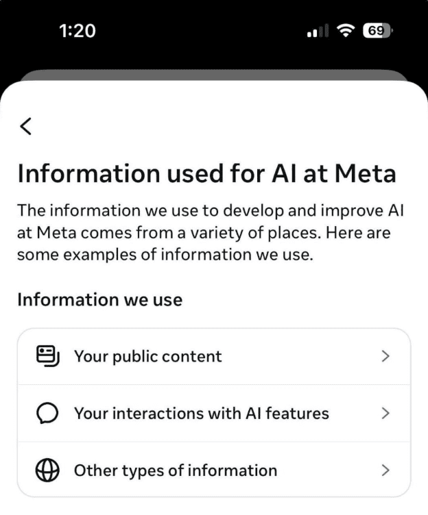Meta's page on information used for AI training.